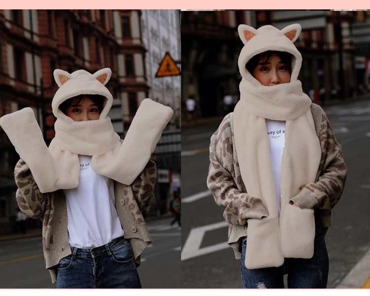 Little bear ears, one-piece hat and scarf, a versatile winter fur scarf for girls, a Korean version of a cute girl two-piece set detail image 17