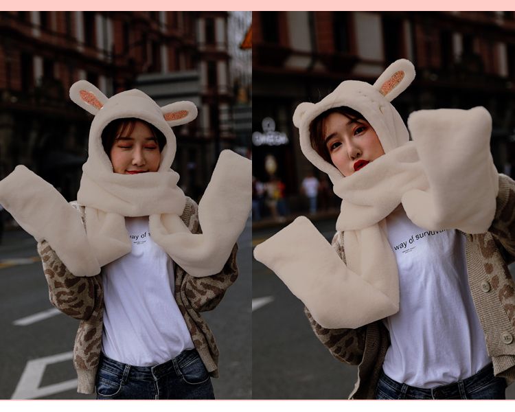 Winter warm sheepskin plush hat, scarf and scarf in one piece, little bear ear cap, cycling windproof and cold-proof for women, autumn and winter detail image 13