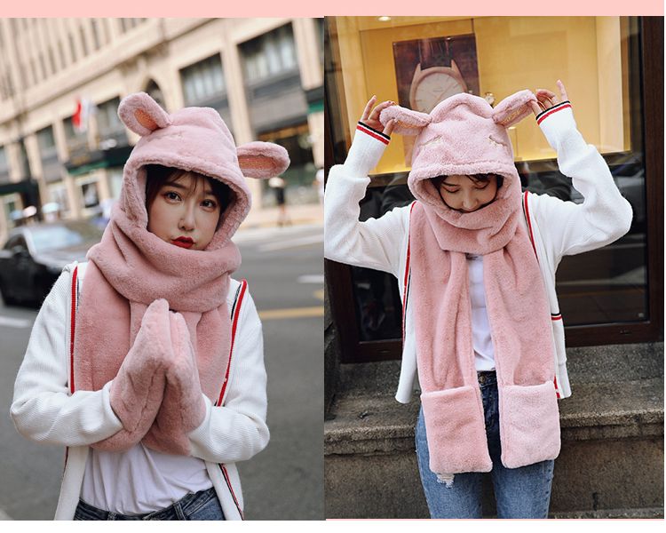 Winter warm sheepskin plush hat, scarf and scarf in one piece, little bear ear cap, cycling windproof and cold-proof for women, autumn and winter detail image 7
