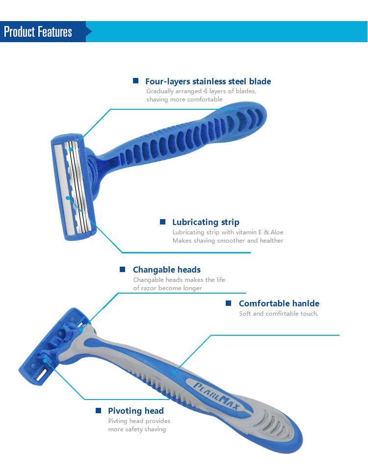 外贸货源男士4层刀头剃须刀，6支一卡，刀头可动详情图2