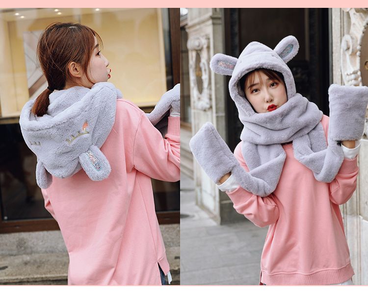 Winter warm sheepskin plush hat, scarf and scarf in one piece, little bear ear cap, cycling windproof and cold-proof for women, autumn and winter detail image 9