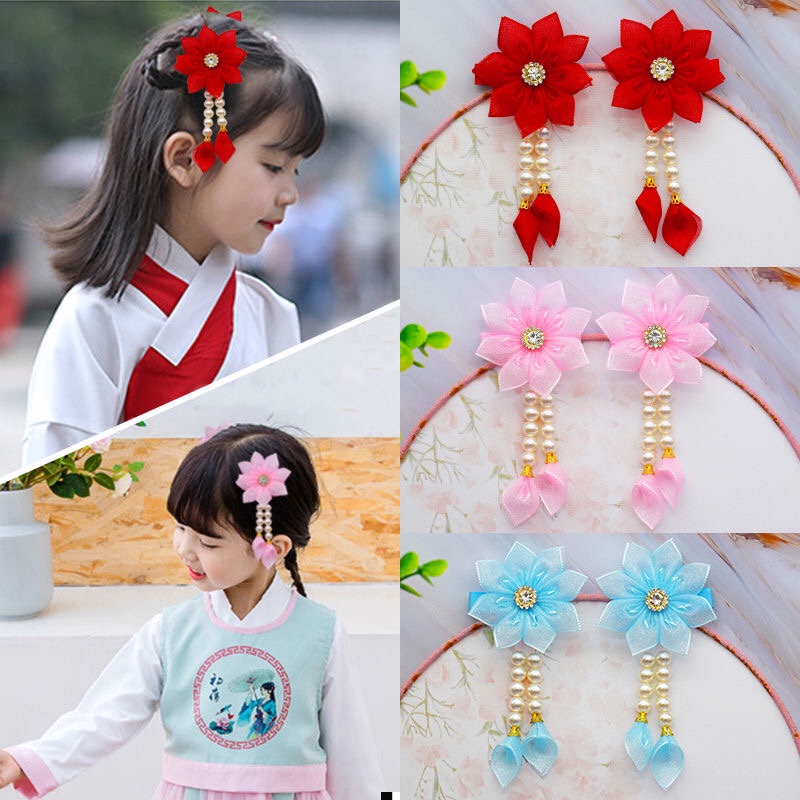 儿童汉服头饰古风超仙女童珍珠花朵发夹古装中国风宝宝发卡发饰品