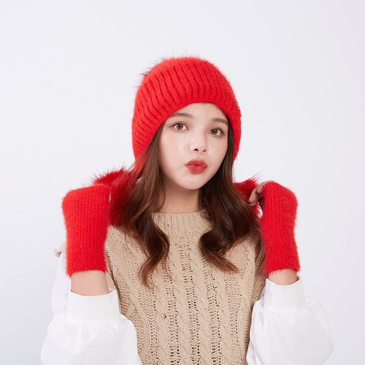 Solid-color knitted hat with gloves for women's outdoor bell-shaped warm hat in autumn and winter, Korean-style non-pilling flat border windbreaker