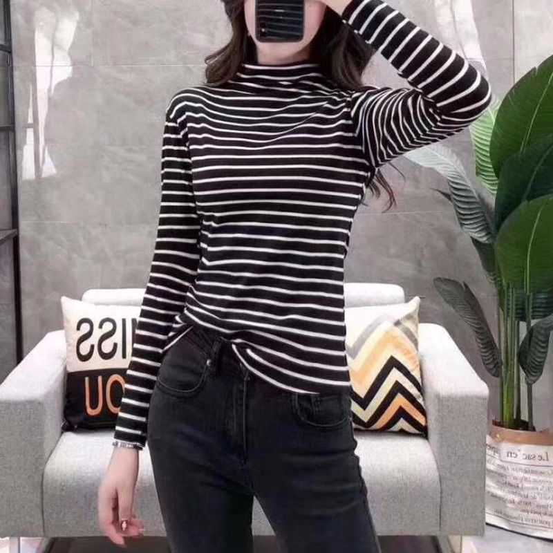 亿贝彩秋冬新款阳离子德绒打底衫条纹双面绒秋衣保暖高领长袖