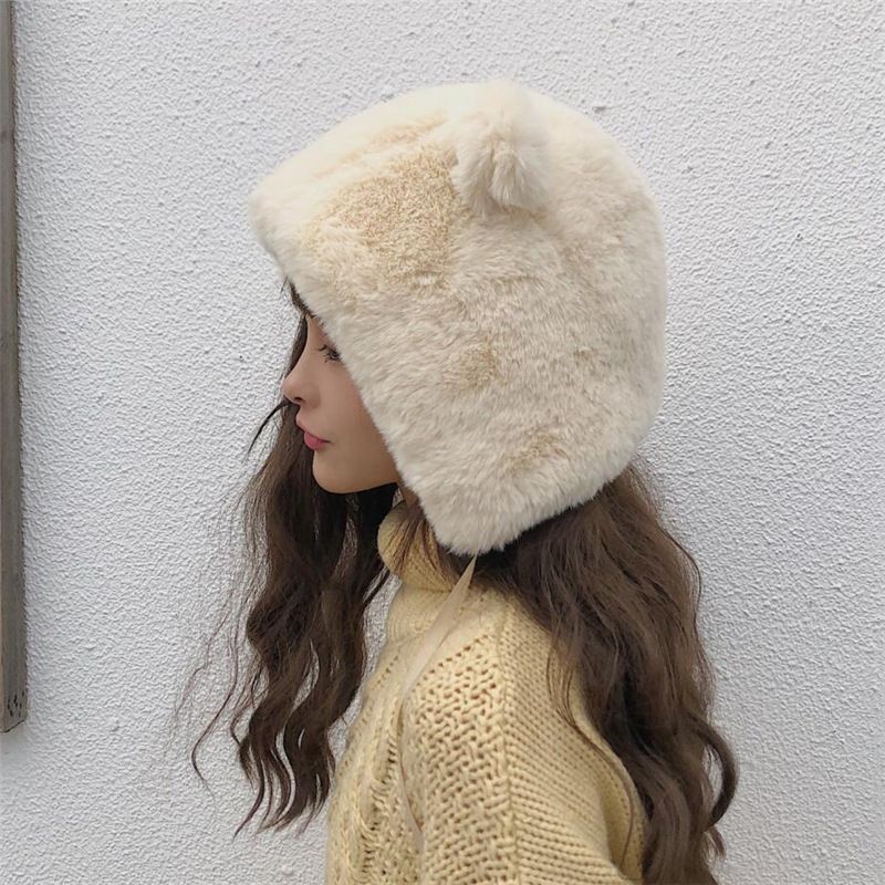 Soft Sister Cute Sell Cute Bear Ears Hairball Lei Feng Hat Korean Version Of Ins Warm Plush Ear Protection Flying Cap details Picture