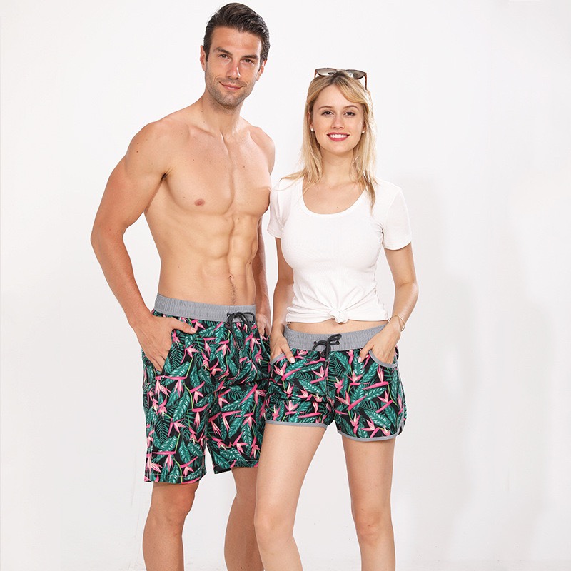 Red flower couple beach pants
