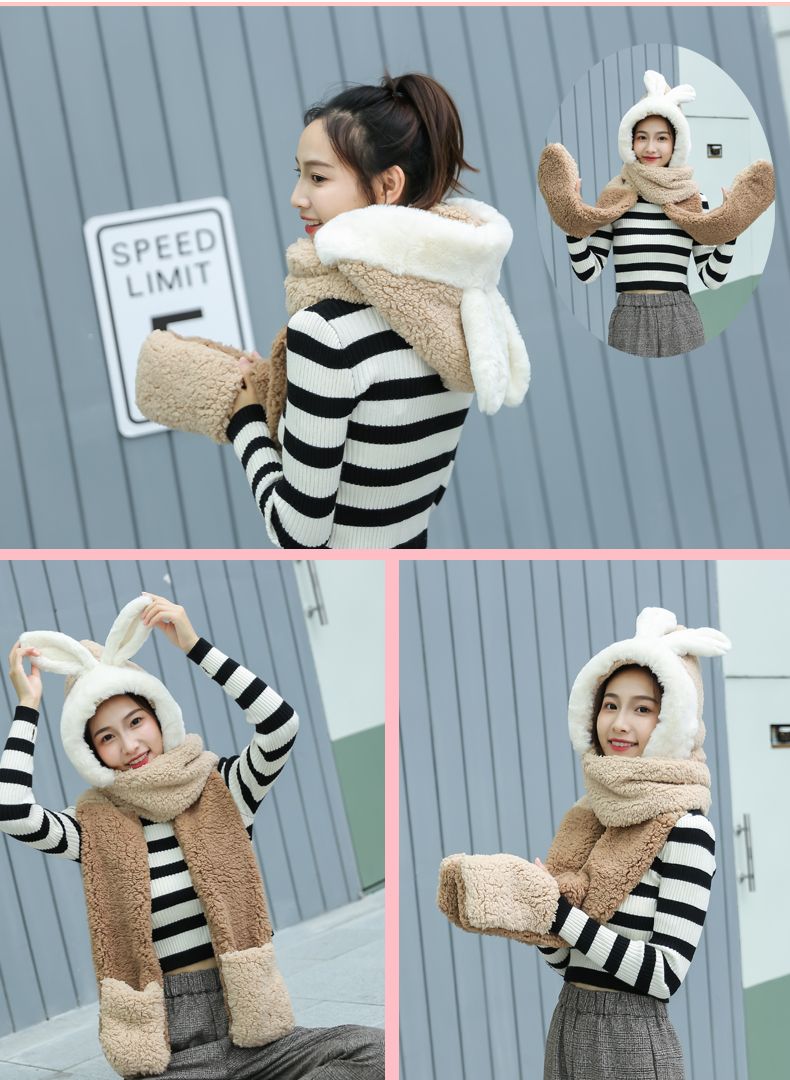 This is a cute and fluffy Japanese hooded scarf for girls. It is thick and warm for female students detail image 15