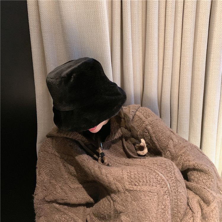 Flat Top Japanese Fisherman Hat Basin Hat With Solid Color Warm Thick Autumn And Winter Korean Version Of Instagram Tide Imitation Fur Hat Woman undefined