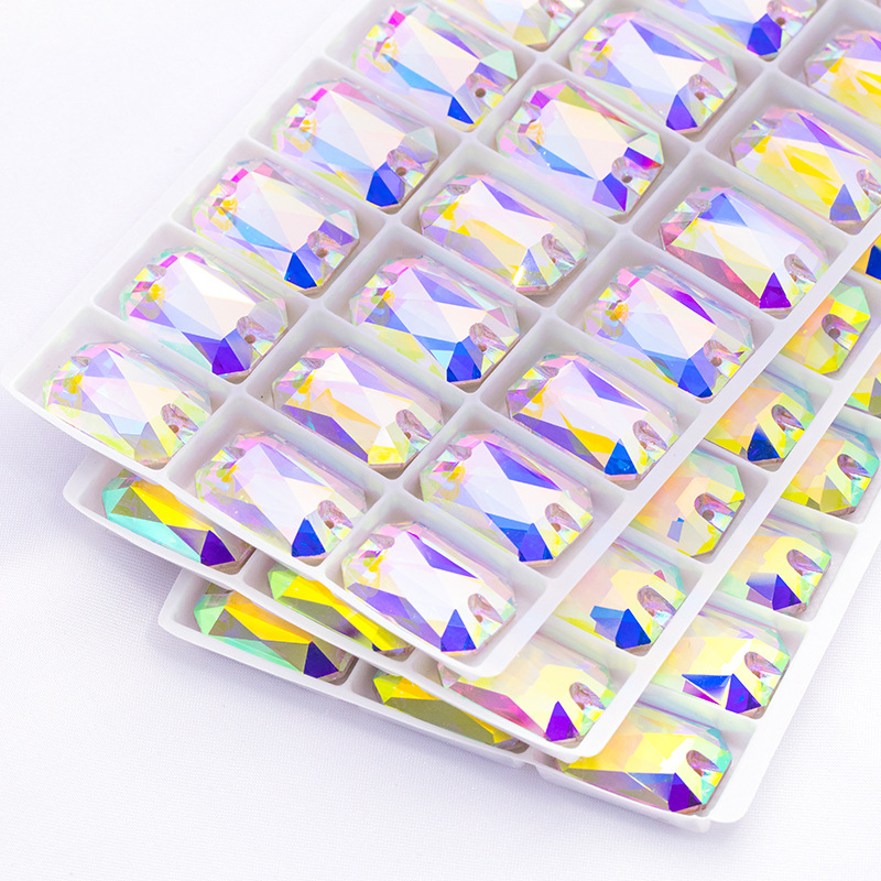 格瑞斯特工厂批发平底双孔倒边玻璃钻长方八角平扣缝钻高档服装辅料配件