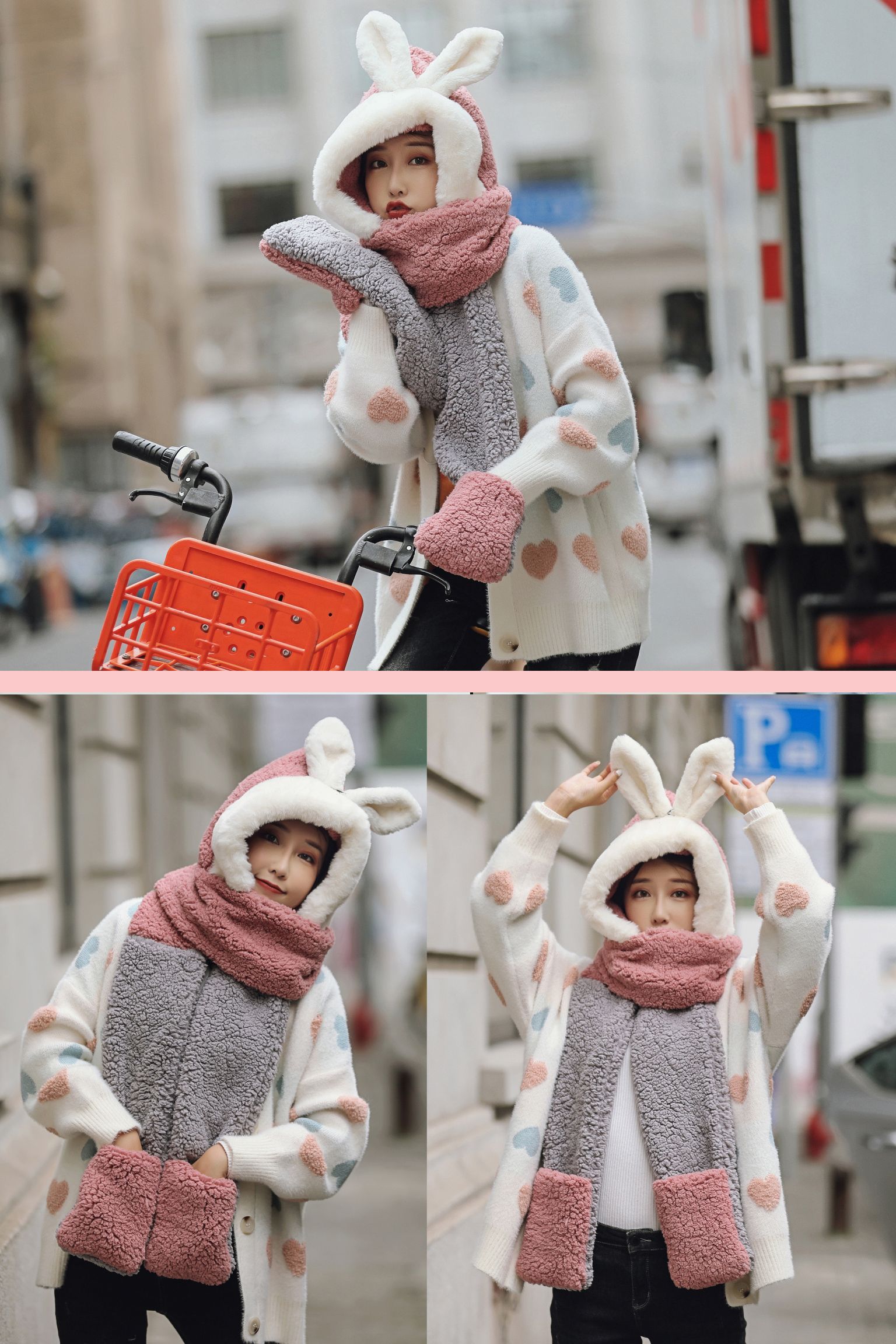 In winter, a sweet and cute Korean woman is wearing a three-piece hat, a scarf and a set of gloves detail image 13
