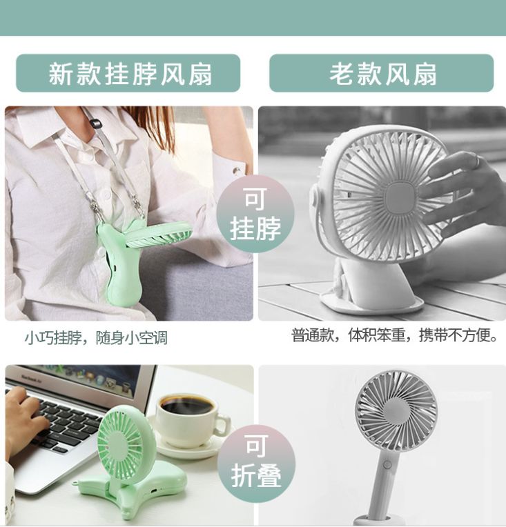 Portable mini handheld fan, USB charging, portable electric, lazy person, neck-hanging small, quiet Specification image