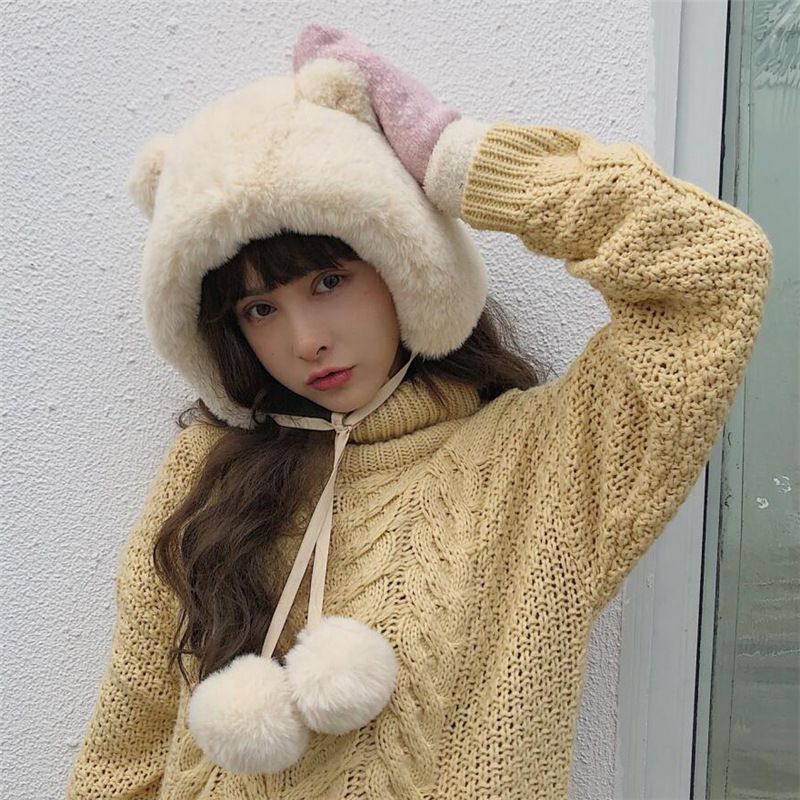 Soft Sister Cute Sell Cute Bear Ears Hairball Lei Feng Hat Korean Version Of Ins Warm Plush Ear Protection Flying Cap full figure