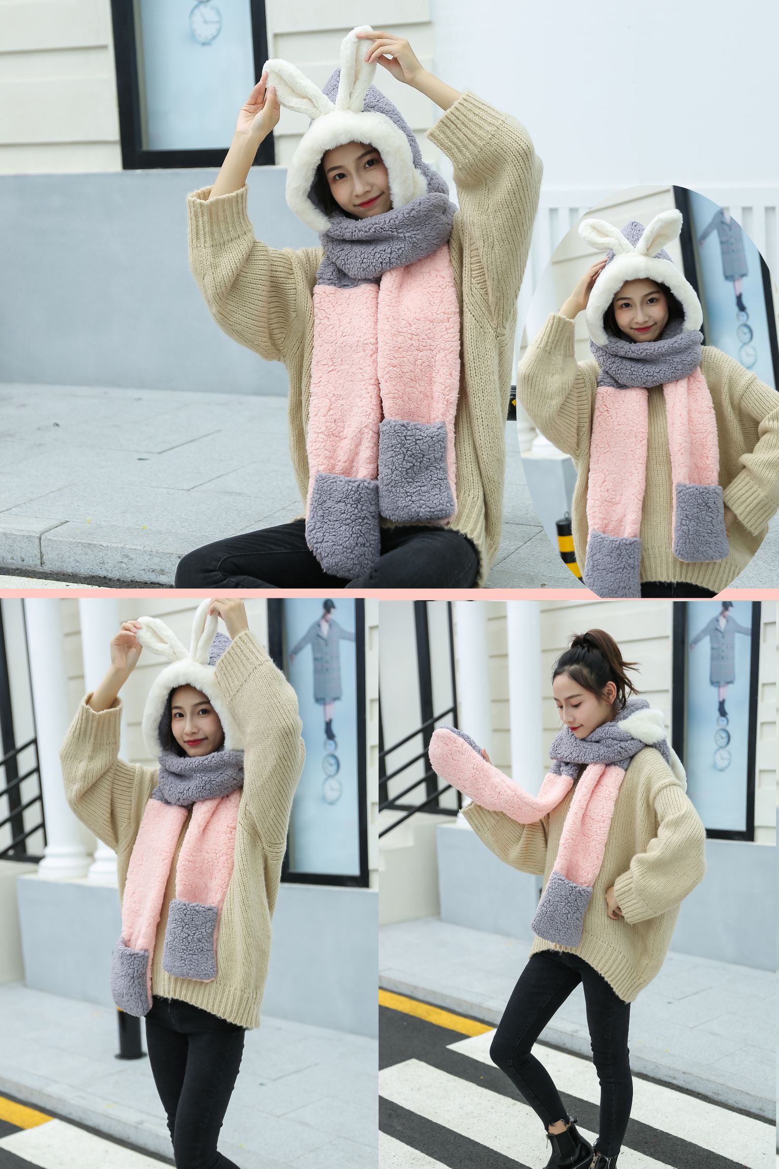 This is a cute and fluffy Japanese hooded scarf for girls. It is thick and warm for female students detail image 11