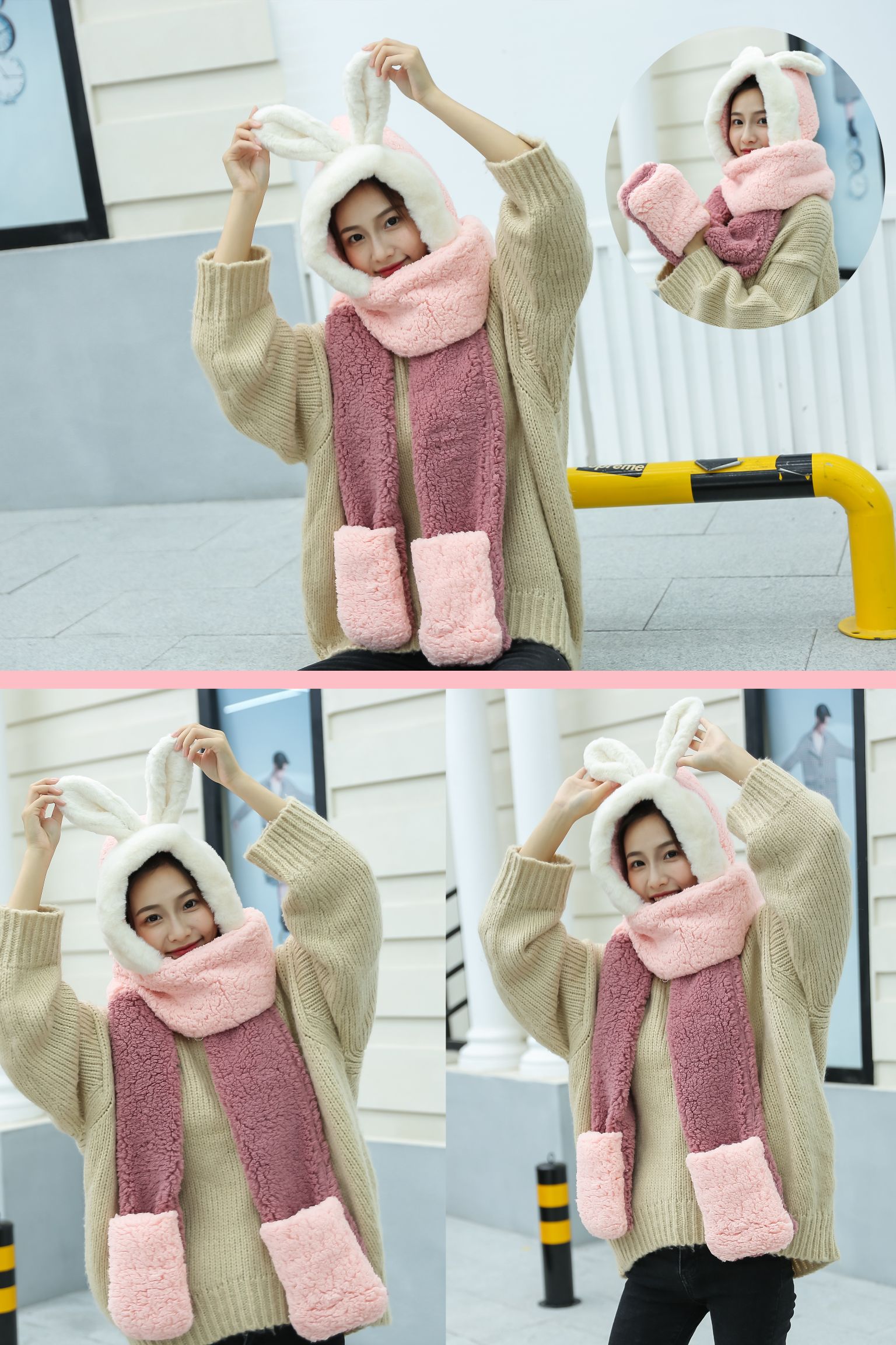This is a cute and fluffy Japanese hooded scarf for girls. It is thick and warm for female students detail image 8