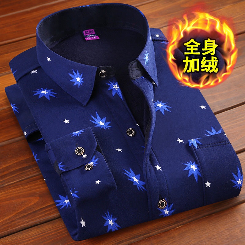 Autumn And Winter Men's Warm Shirt Plus Fleece Thickened Large Size Coat Printed Shirt Dad Outfit 618 details Picture