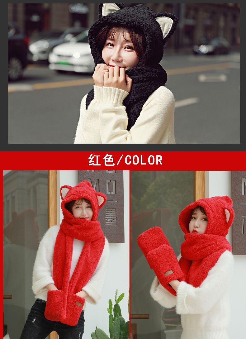 A plush hat, scarf and gloves set for a cute winter girl with thick cat ears and warm three-piece cycling neck detail image 17