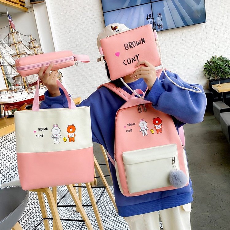Korean school-style four-piece student backpack set with cony pattern Application Scenario