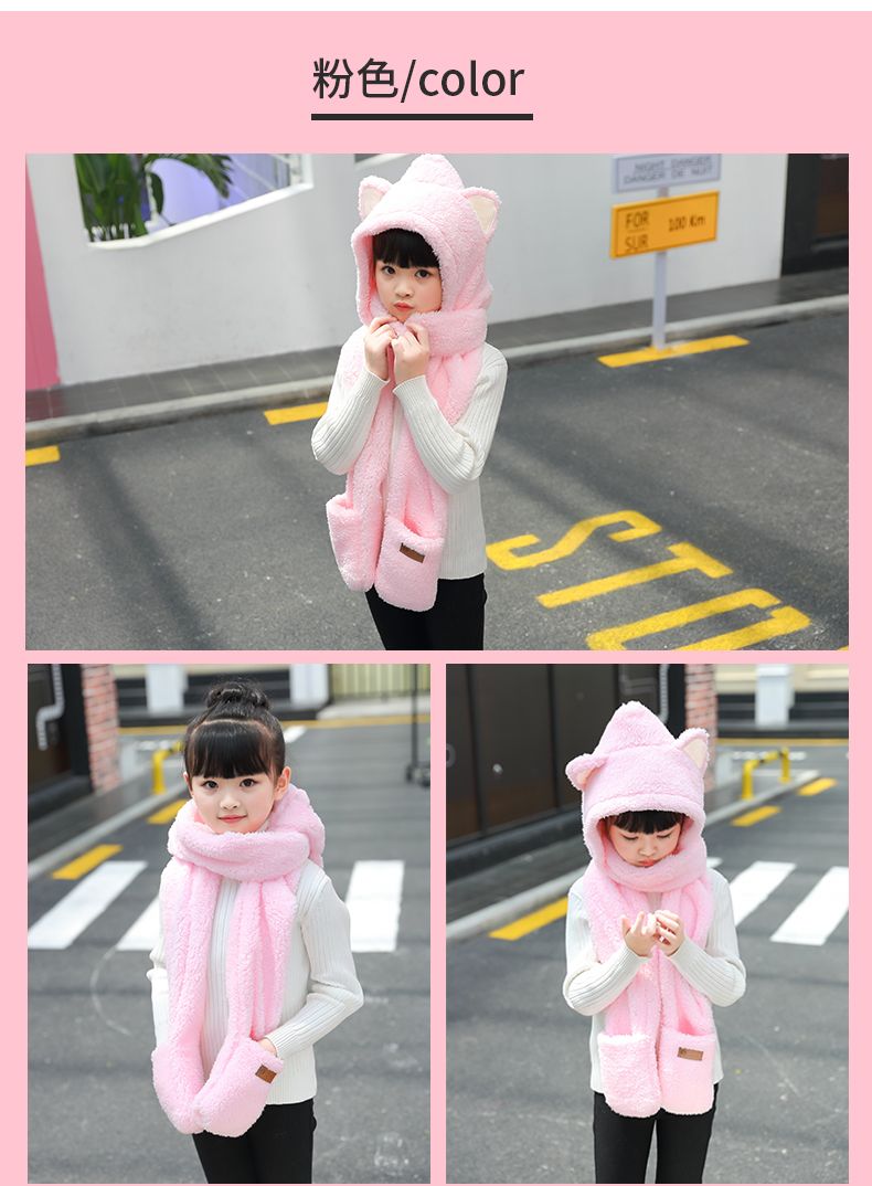 A practical and cute one-piece hat and scarf with little bear ears. A fluffy lambskin scarf for winter girls to keep warm detail image 7