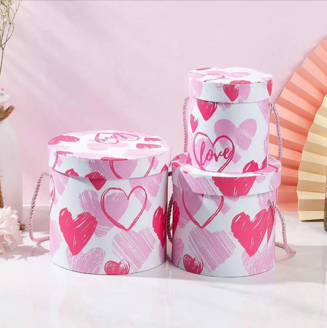 Printed surface round hugging bucket three-piece set, round gift box, flower packaging box detail image 1