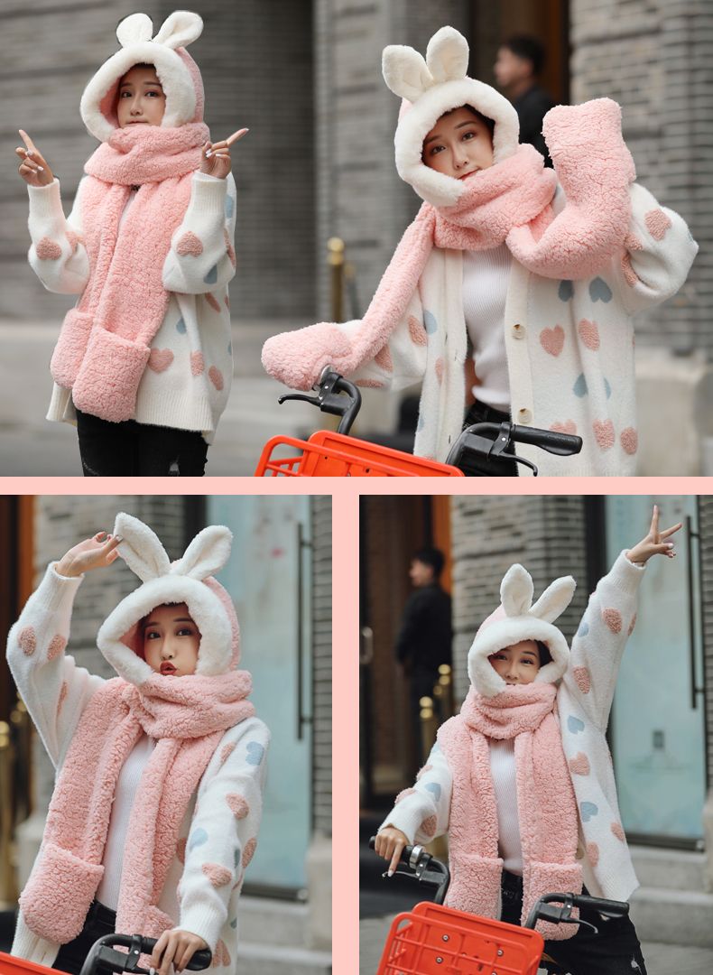 Winter Plus Velvet Thick Ears, Hat, Scarf, Lamb Wool Warm Bib Cute Couple undefined