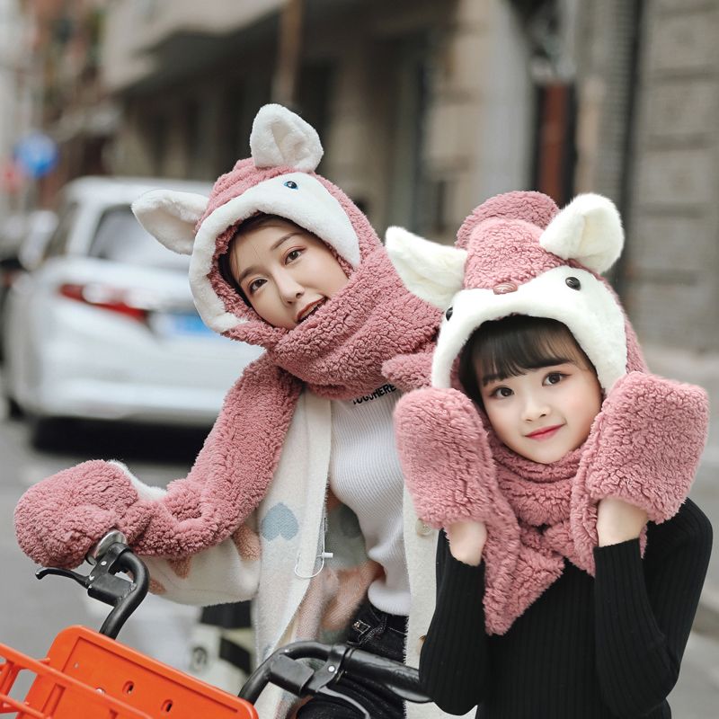 Children's Scarf, Hat And Gloves Three-Piece Set For Boys And Girls Autumn And Winter With Velvet Thickened Ear Protection Hat Students