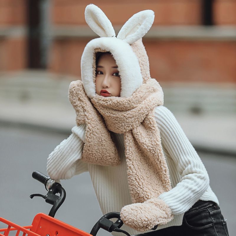 Winter Plus Velvet Thick Ears, Hat, Scarf, Lamb Wool Warm Bib Cute Couple
