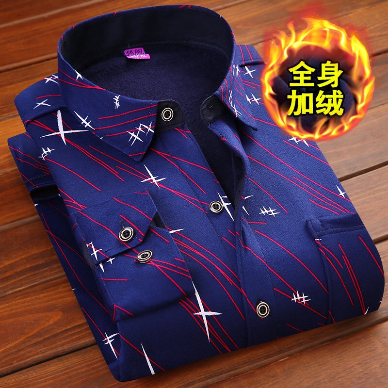 611 秋冬男士保暖衬衫加绒加厚大码外套印花衬衣爸爸装