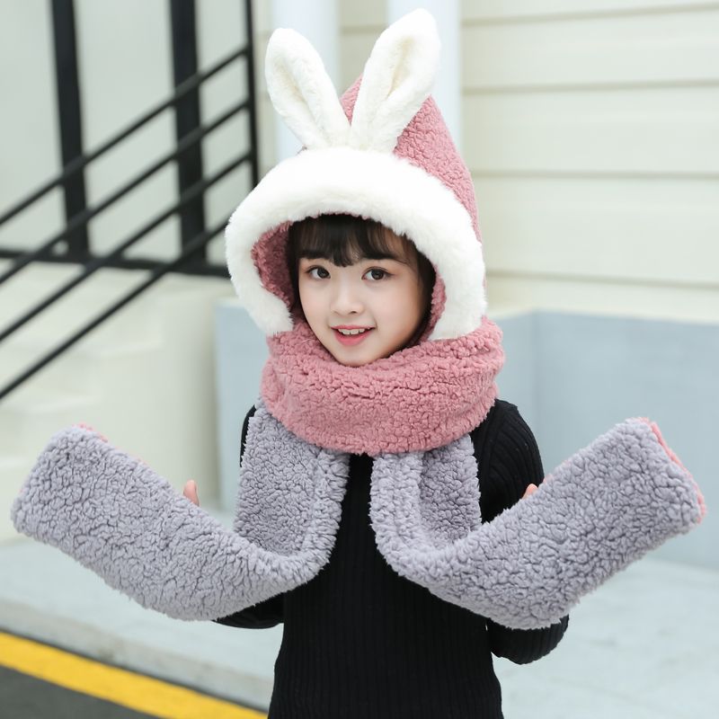 Gloves Scarf Children's Hat Hairy Big Child Panda Coral Velvet Three Ears Winter Cap Boy Baby One