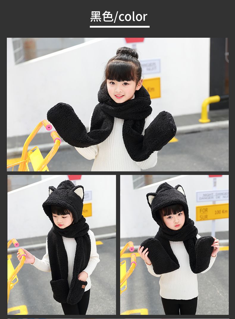 A practical and cute one-piece hat and scarf with little bear ears. A fluffy lambskin scarf for winter girls to keep warm detail image 13