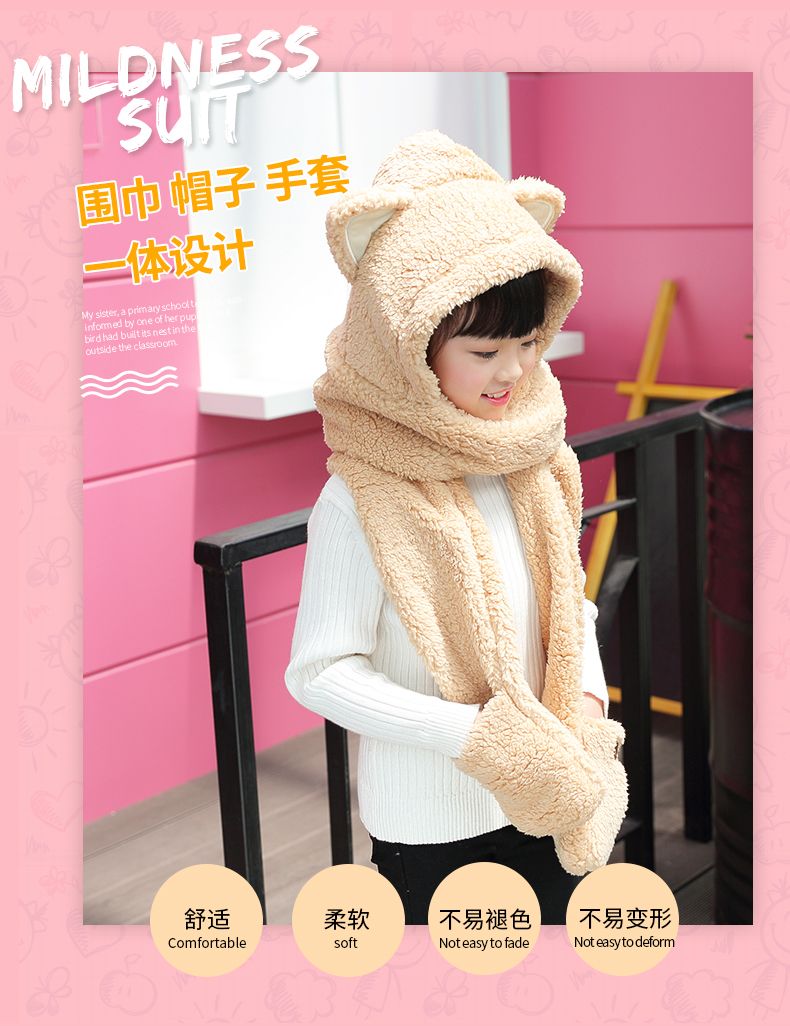 A practical and cute one-piece hat and scarf with little bear ears. A fluffy lambskin scarf for winter girls to keep warm detail image 1