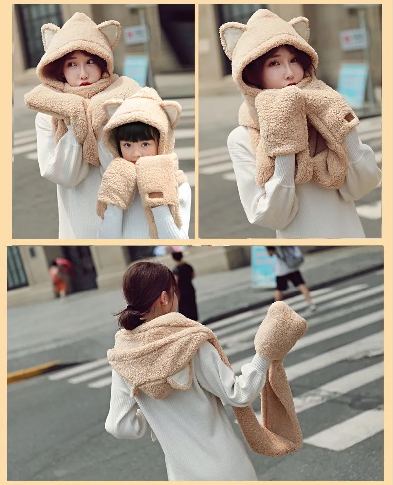 Winter thickened bear ears, one-piece scarf and hat, lambskin scarf, Korean version, cute and versatile, plush girl student detail image 12