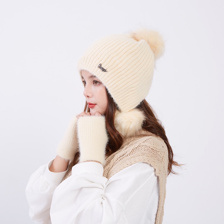 Solid-color knitted hat with gloves for women's outdoor bell-shaped warm hat in autumn and winter, Korean-style non-pilling flat border windbreaker undefined