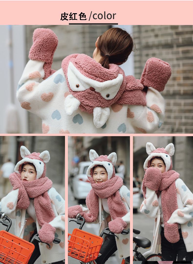 A versatile and cute little ear warm double-layer thickened female autumn and winter fairy hat and scarf two-piece set, a one-piece hat detail image 18