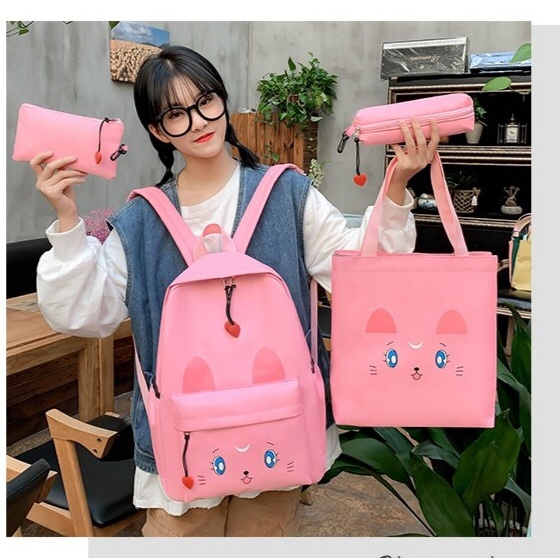 Korean version of the casual student four-piece backpack with long-eared rabbits details Picture