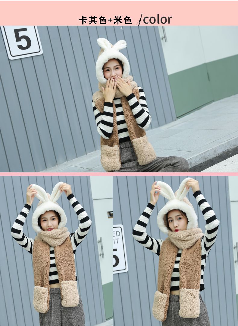 This is a cute and fluffy Japanese hooded scarf for girls. It is thick and warm for female students detail image 14