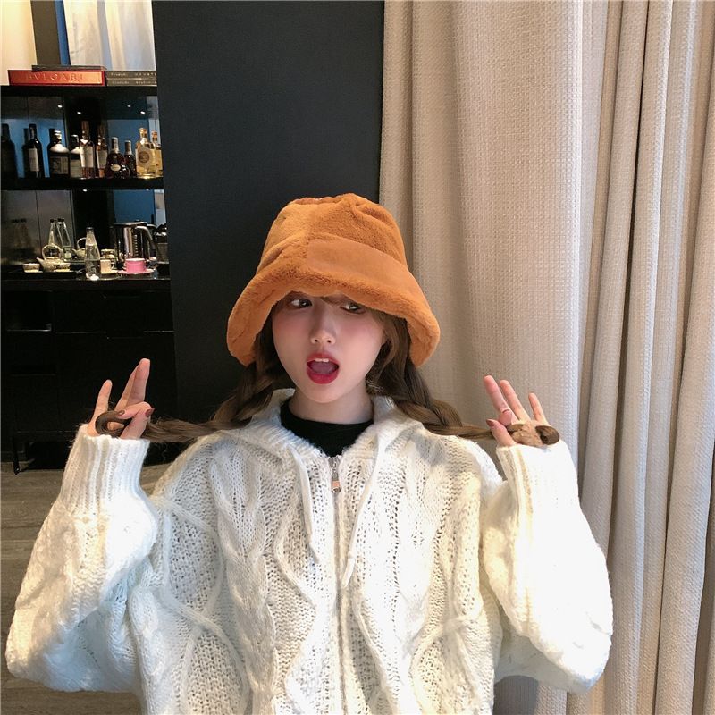 Flat Top Japanese Fisherman Hat Basin Hat With Solid Color Warm Thick Autumn And Winter Korean Version Of Instagram Tide Imitation Fur Hat Woman Item Picture