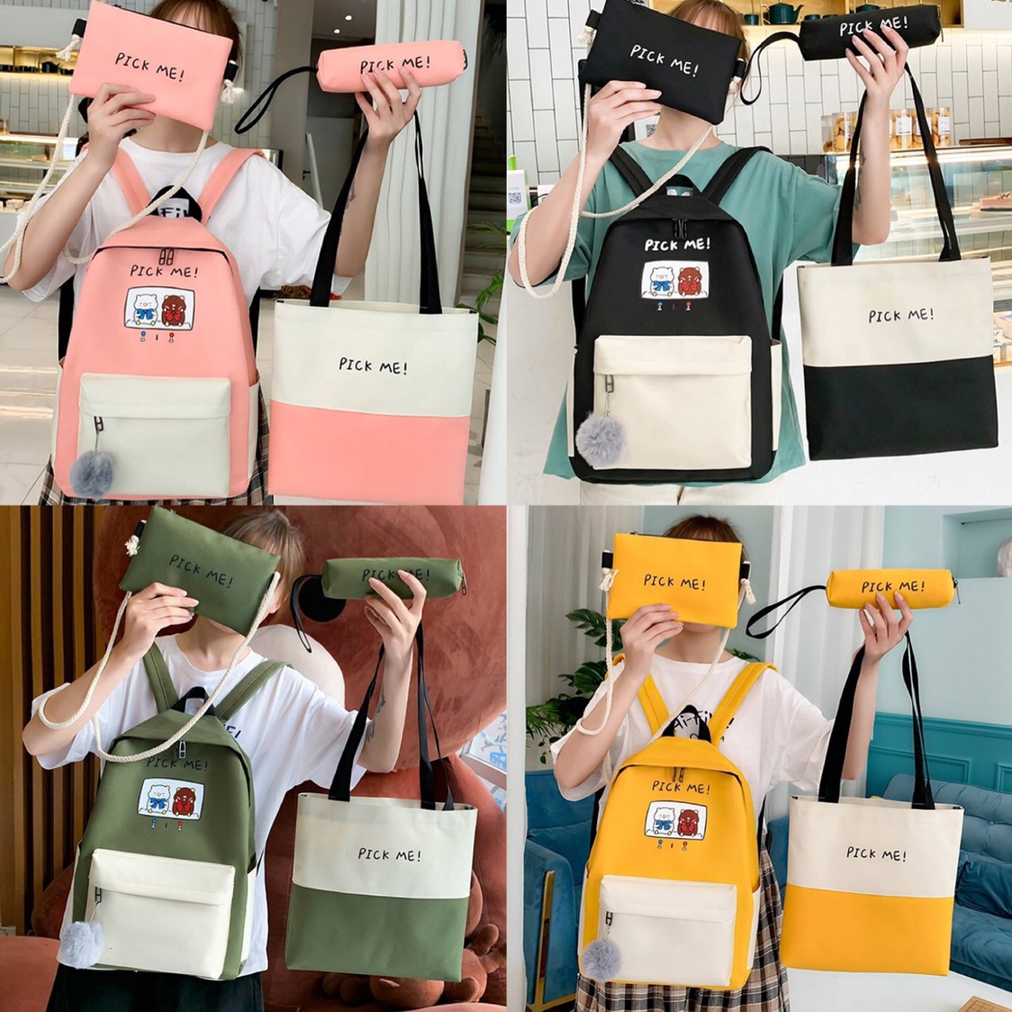 Korean school-style student four-piece backpack with pick me pattern
