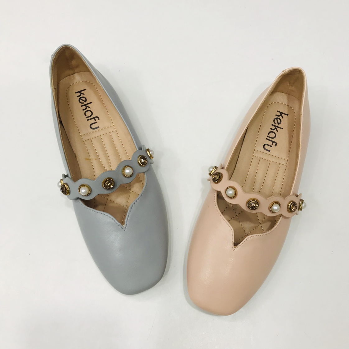 Victory Shoes Women's pearl buckle candy-colored flat one-foot shoe details Picture