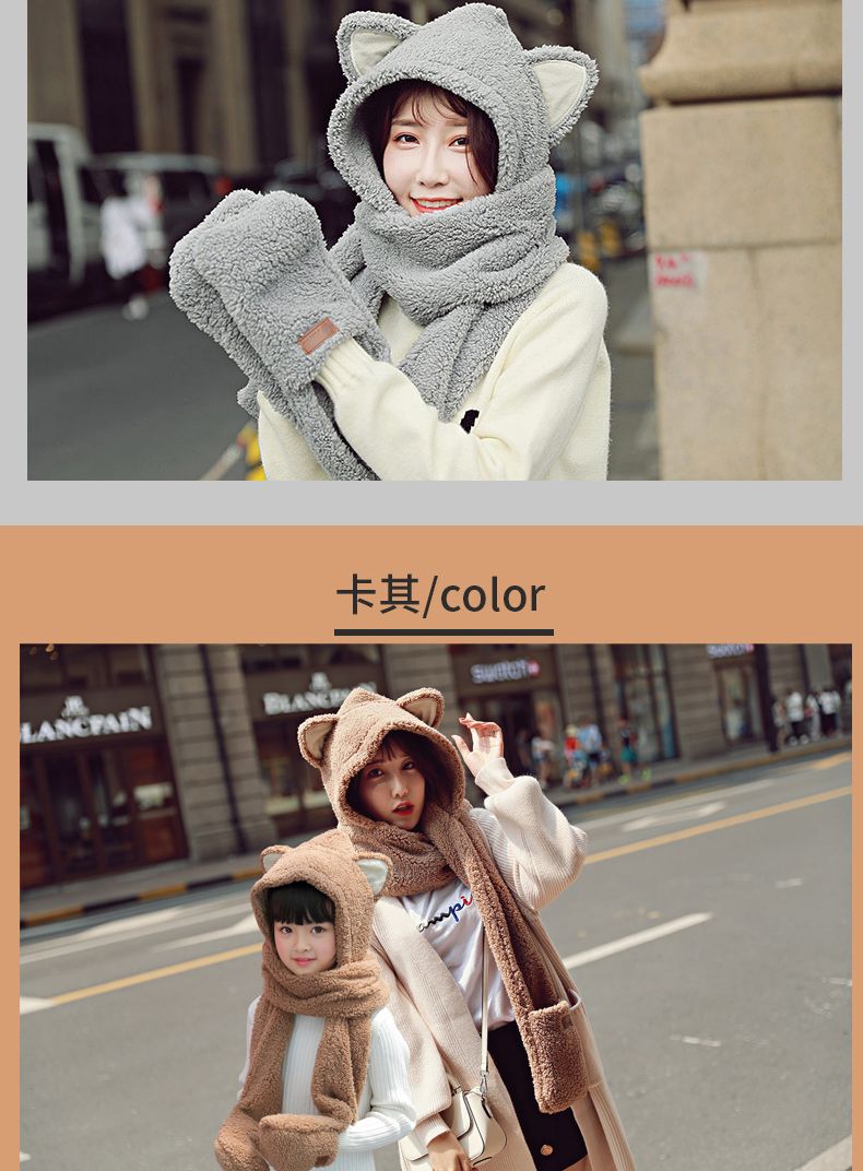 Winter thickened bear ears, one-piece scarf and hat, lambskin scarf, Korean version, cute and versatile, plush girl student detail image 14