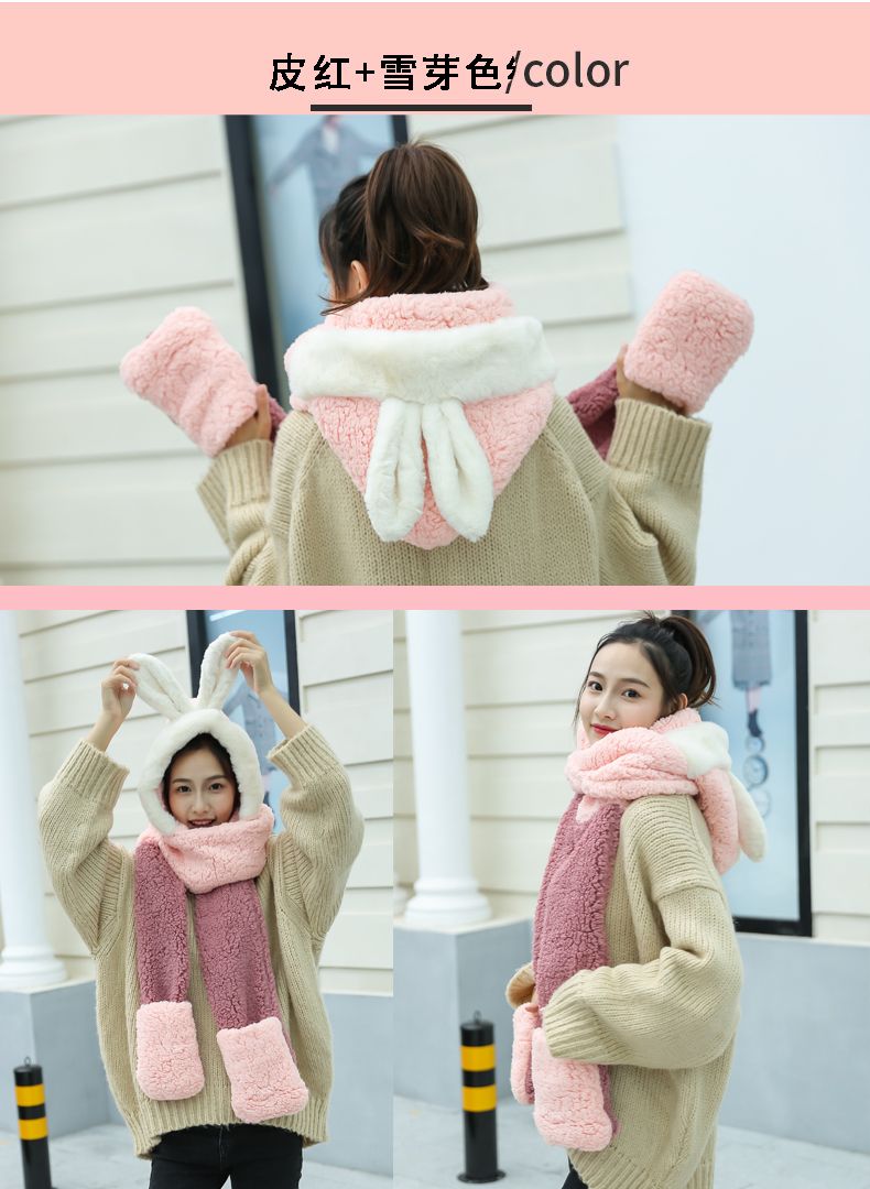 This is a cute and fluffy Japanese hooded scarf for girls. It is thick and warm for female students detail image 7