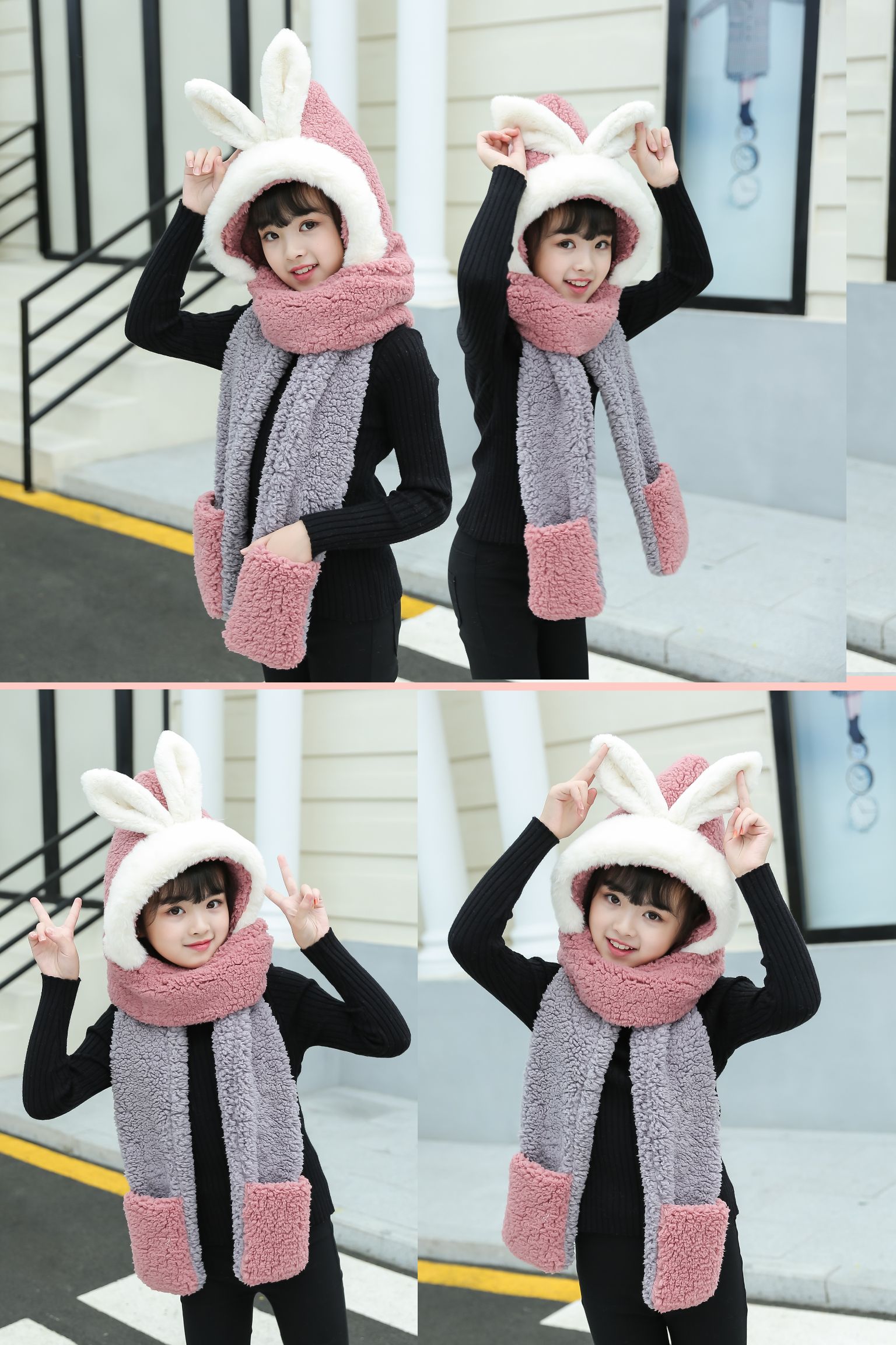 Gloves Scarf Children's Hat Hairy Big Child Panda Coral Velvet Three Ears Winter Cap Boy Baby One undefined