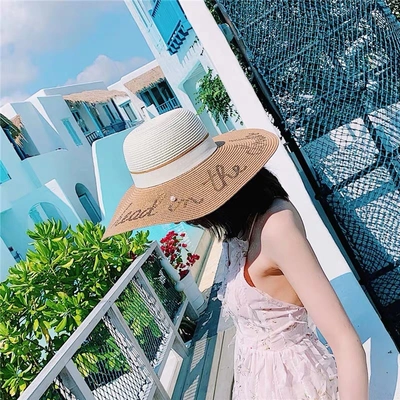 Two Color Sequin Embroidered Word Pearl Large Brim Beach Visor Woman New