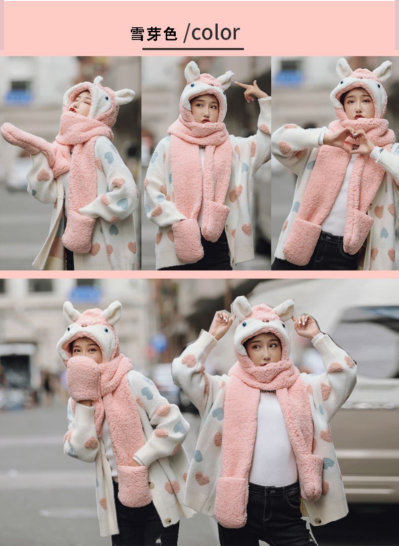 A versatile and cute little ear warm double-layer thickened female autumn and winter fairy hat and scarf two-piece set, a one-piece hat detail image 16