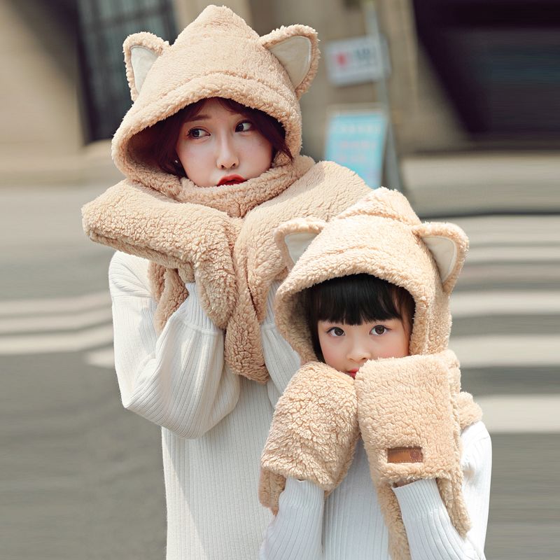 Winter thickened bear ears, one-piece scarf and hat, lambskin scarf, Korean version, cute and versatile, plush girl student