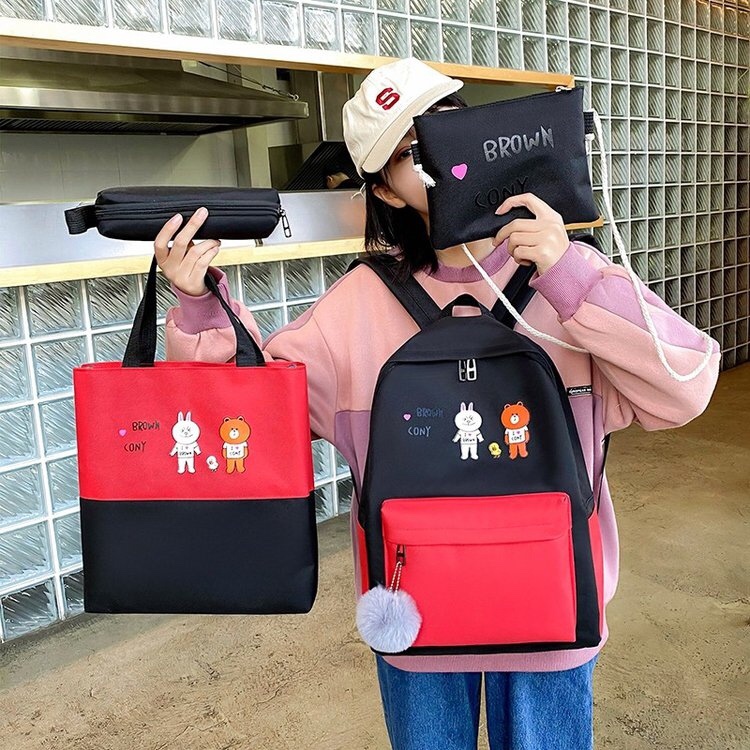 Korean school-style four-piece student backpack set with cony pattern Item Picture