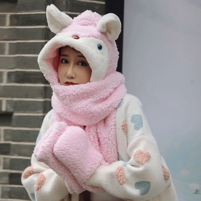 A versatile and cute little ear warm double-layer thickened female autumn and winter fairy hat and scarf two-piece set, a one-piece hat