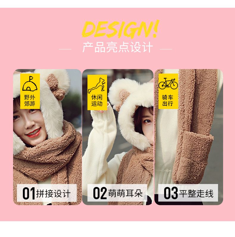 Winter Wool And Thickened Ears, Hat And Scarf, Lamb Wool And Warm Neck Thickened Item Picture
