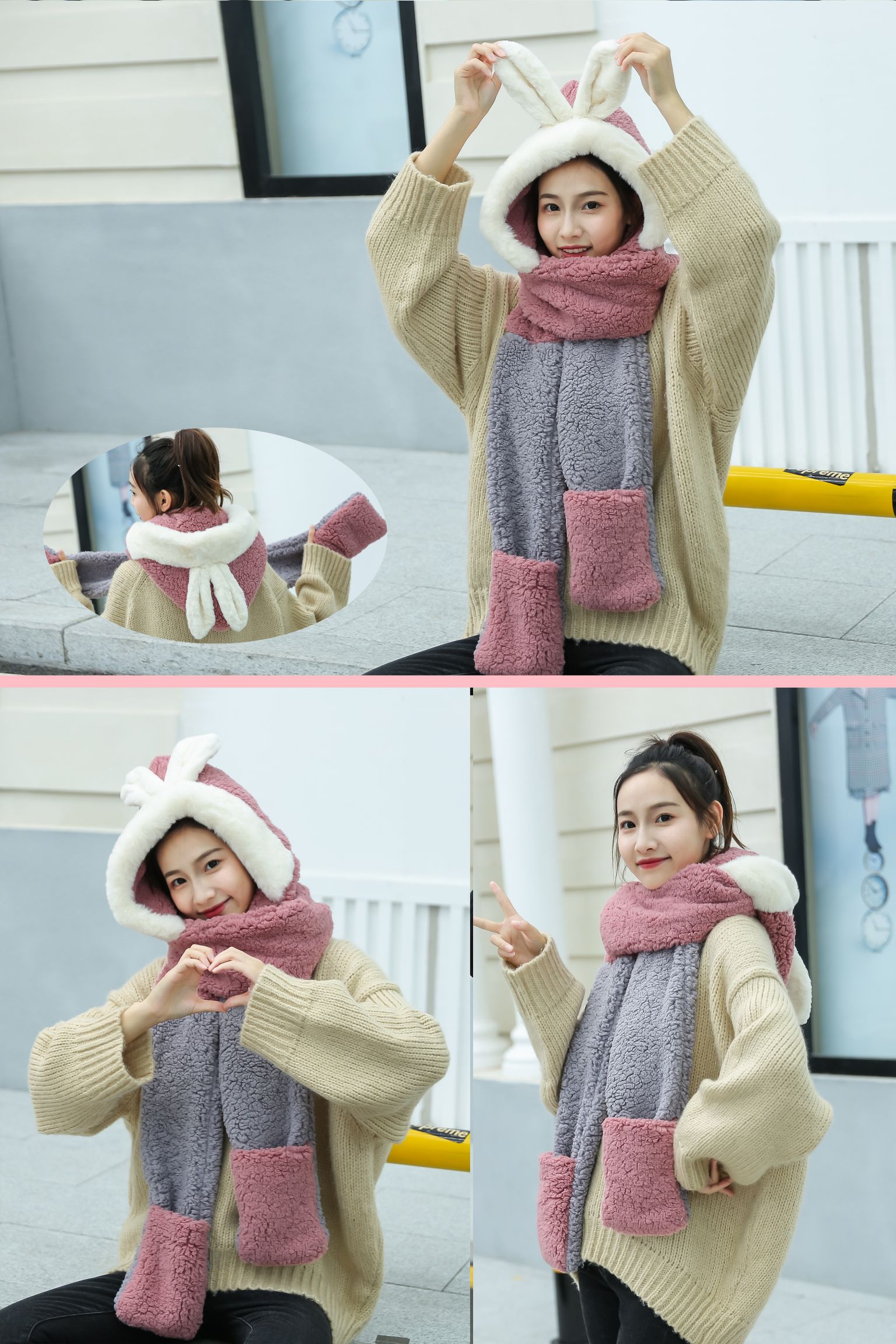 This is a cute and fluffy Japanese hooded scarf for girls. It is thick and warm for female students detail image 13