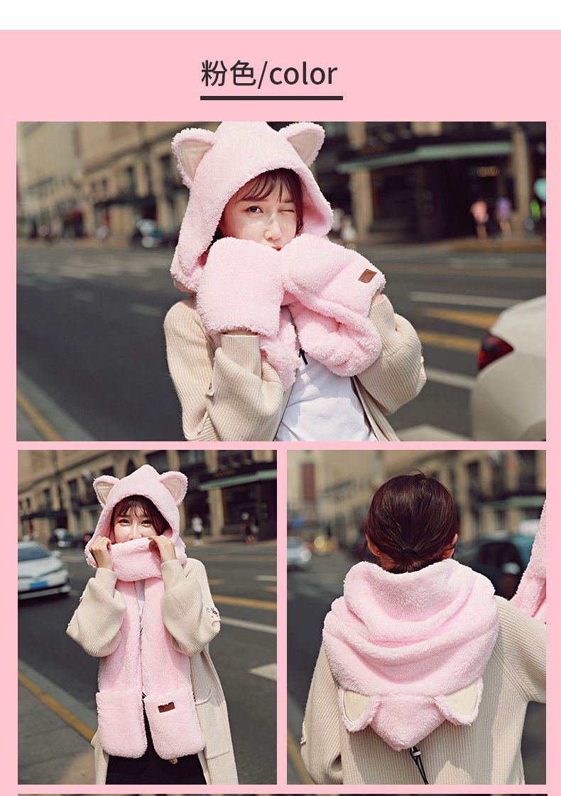 A plush hat, scarf and gloves set for a cute winter girl with thick cat ears and warm three-piece cycling neck detail image 10