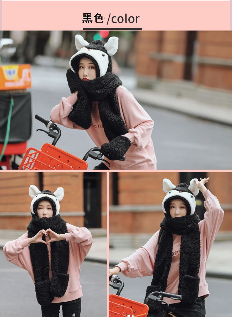 A versatile and cute little ear warm double-layer thickened female autumn and winter fairy hat and scarf two-piece set, a one-piece hat detail image 12